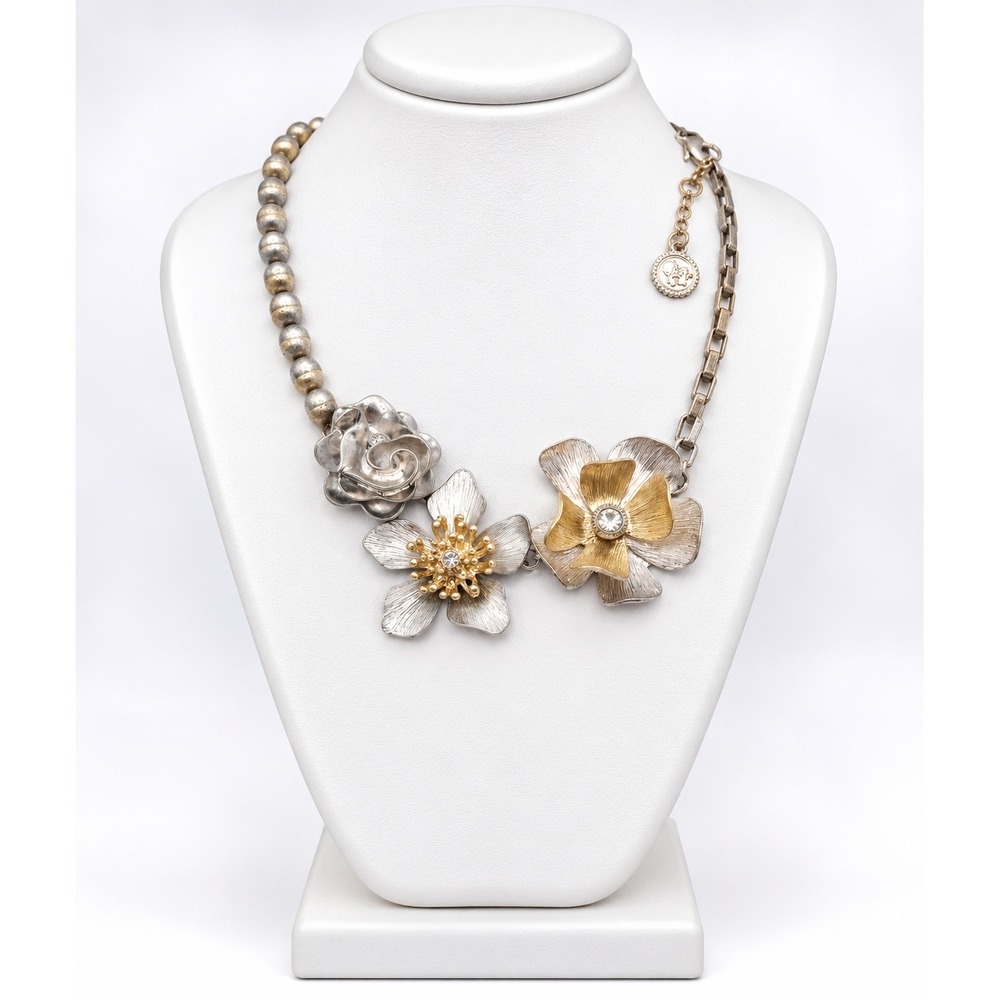 Jessica Simpson Spring Ruffle Two-Tone Floral Statement Collar Necklace 16-18"